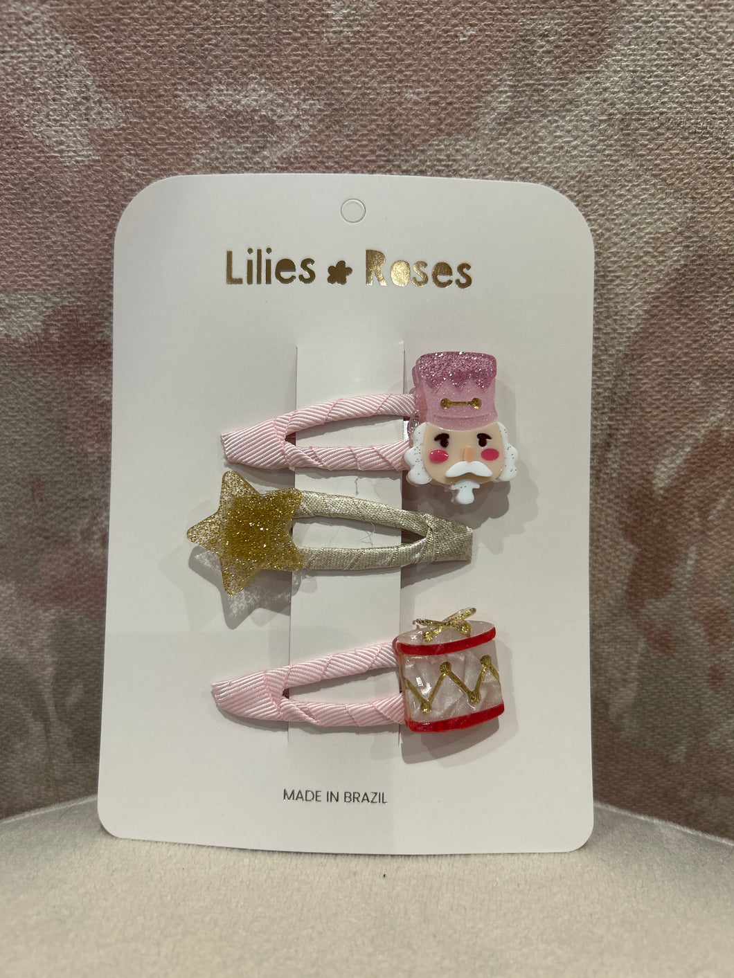 Nutcracker Drum Pink Star Fabric Snap Clips set of 3