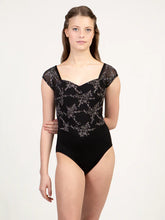 Load image into Gallery viewer, Adult Black Soiree Pinch Front Cap Sleeve Leotard
