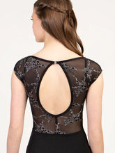 Load image into Gallery viewer, Adult Black Soiree Pinch Front Cap Sleeve Leotard
