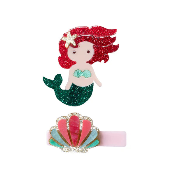 Mermaid Underwater Glitter Red Seashell Hair Clip Set