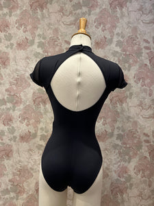 Womens Ellie Black Mock Neck Short Sleeve Leotard