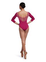 Load image into Gallery viewer, Ladies Magenta Velvet Double Scoop Neck 3/4 Sleeve Leotard
