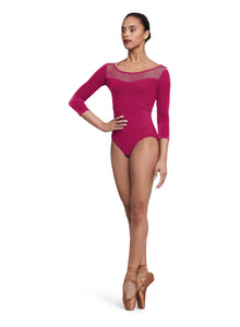 Ladies Magenta Velvet Double Scoop Neck 3/4 Sleeve Leotard