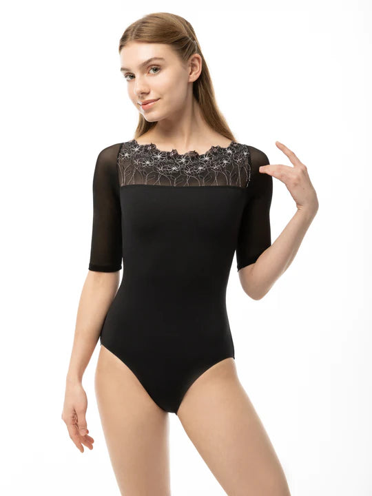 Adult Stormy Black Bateau Neck Half Sleeve Leotard