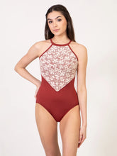 Load image into Gallery viewer, Ladies Flower Power V Front Halter Copper Leotard
