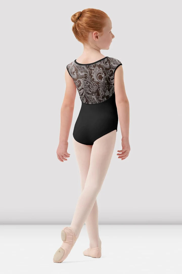 Girls Mirella Black Paisley V Neck Cap Sleeve Leotard