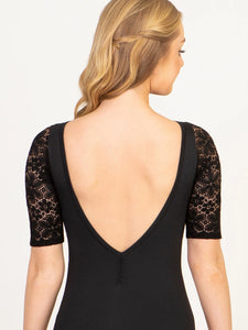 Ladies Flower Power Lace Overlay Half Sleeve Black Leotard