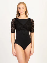 Load image into Gallery viewer, Ladies Flower Power Lace Overlay Half Sleeve Black Leotard
