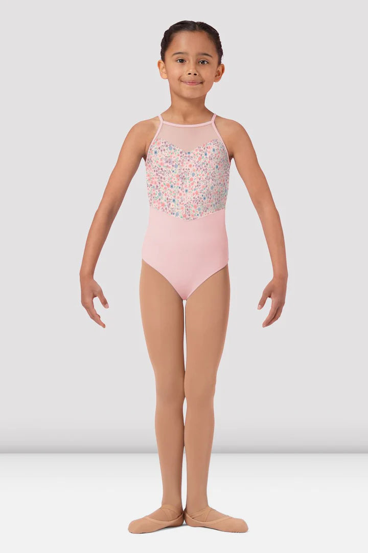 Girls Pink Floral Print Halter Leotard