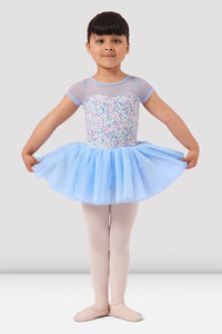 Girls Blue Floral Scoop Neck Cap Sleeve Tutu Leotard