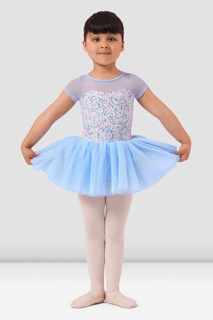 Girls Blue Floral Scoop Neck Cap Sleeve Tutu Leotard