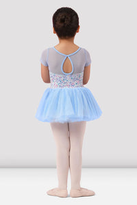 Girls Blue Floral Scoop Neck Cap Sleeve Tutu Leotard