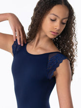 Load image into Gallery viewer, Girls Lace Flutter Navy Sleeve Leotard
