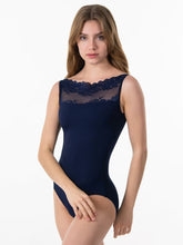 Load image into Gallery viewer, Ladies Lace Bateau Navy Neck Leotard
