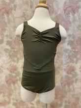 Load image into Gallery viewer, Girls Ribbed Insert Olive Green Camisole Leotard
